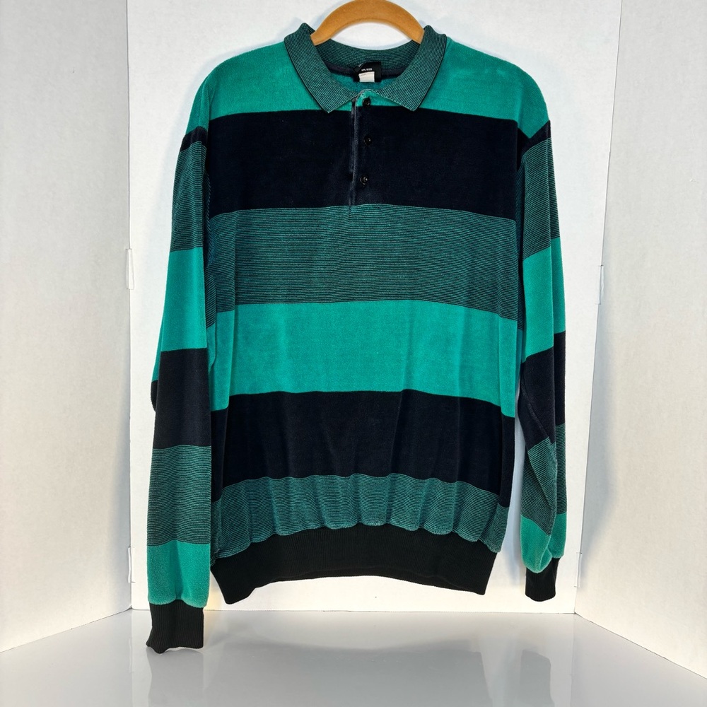 Men's Striped Long-Sleeve Polo Velour Shirt in Teal and Black XL - Picture 2 of 7